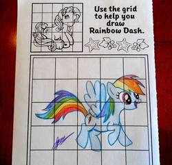 Size: 500x482 | Tagged: safe, rainbow dash, rainbow dash (g3), pegasus, pony, g3, g4, activity book, drawing, flying, fuck the police, g3 to g4, generation leap, grid, irl, merchandise, open mouth, photo, signature, smiling, solo, spread wings, traditional art, you're doing it wrong