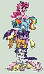 Size: 1000x1700 | Tagged: safe, artist:bubblyblackbird, applejack, fluttershy, pinkie pie, rainbow dash, rarity, twilight sparkle, g4, mane six, pony pile, tower of pony