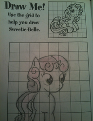 Size: 500x655 | Tagged: safe, sweetie belle, sweetie belle (g3), pony, unicorn, g3, g4, activity book, drawing, g3 to g4, generation leap, grid, irl, you're doing it wrong