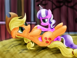 Size: 1024x768 | Tagged: safe, artist:jabbie64, applejack, diamond tiara, g4, barn, diamondjack, female, lesbian