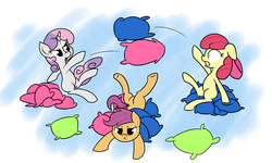 Size: 1500x900 | Tagged: safe, artist:rice, apple bloom, scootaloo, sweetie belle, g4, cutie mark crusaders, pillow, pillow fight