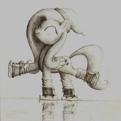 Size: 900x900 | Tagged: safe, artist:lordgood, fluttershy, pegasus, pony, g4, female, gradient background, hat, ice, mare, monochrome, reflection, skating, solo