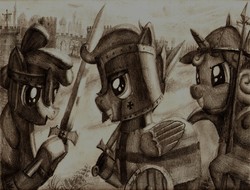 Size: 2241x1699 | Tagged: safe, artist:lordgood, apple bloom, scootaloo, sweetie belle, g4, armor, crusader, cutie mark crusaders, fantasy class, knight, literal, paladin, spear, sword, warrior, weapon