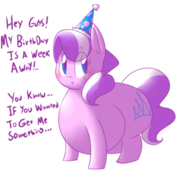 Size: 1280x1280 | Tagged: safe, artist:secretgoombaman12345, diamond tiara, earth pony, pony, ask chubby diamond, g4, chubby diamond, cute, fat, female, filly, hat, party hat, simple background, smiling, solo, text, transparent background