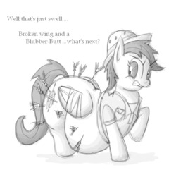 Size: 610x589 | Tagged: safe, artist:secretgoombaman12345, daring do, pegasus, pony, g4, daring dollop, darts, fat, female, inflation, literal butthurt, mare, pain, solo