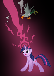 Size: 2999x4241 | Tagged: safe, artist:atmospark, twilight sparkle, bird, duck, mallard, pony, unicorn, g4, blast, burned, duo, female, fight, gradient background, magic, magic beam, magic blast, male, mare, raised hoof, smoke, unicorn twilight