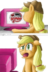 Size: 1000x1500 | Tagged: safe, artist:xanderreh, applejack, g4, confused, my little human, reaction, solo