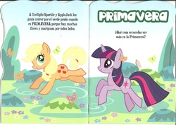 Size: 2067x1462 | Tagged: safe, applejack, twilight sparkle, butterfly, g4, spanish, spring