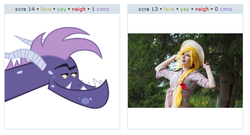 Size: 487x263 | Tagged: safe, artist:queencold, applejack, vex, dragon, human, g4, cosplay, exploitable meme, irl, irl human, juxtaposition, juxtaposition win, meme, photo, teenaged dragon