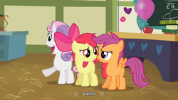 Size: 854x479 | Tagged: safe, screencap, apple bloom, scootaloo, sweetie belle, g4, hearts and hooves day (episode), balloon, cutie mark crusaders, hearts and hooves day, youtube caption
