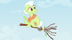 Size: 1920x1080 | Tagged: safe, artist:adcoon, granny smith, g4, broom, female, flying, flying broomstick, show accurate, solo