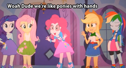 Size: 631x344 | Tagged: safe, edit, edited screencap, screencap, applejack, fluttershy, pinkie pie, rainbow dash, rarity, equestria girls, g4, my little pony equestria girls, high, joint, meme, pinkie has a crazy idea