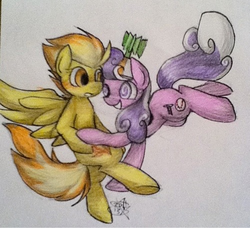 Size: 500x456 | Tagged: safe, artist:darkpiplup1, screwball, spitfire, earth pony, pegasus, pony, g4, blushing, crack shipping, duo, female, hat, lesbian, propeller hat, shipping, smiling, spitscrewball, spread wings, swirly eyes, traditional art, underhoof