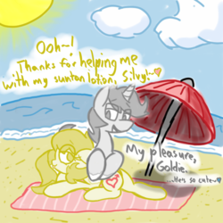 Size: 800x800 | Tagged: source needed, safe, artist:familywing, oc, oc only, oc:golden brisk, oc:silver breeze, beach, goldeeze, male, mlpchan, reverse trap, shipping, straight, summer, trap