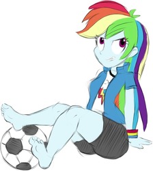 Size: 653x729 | Tagged: safe, artist:sweethd, rainbow dash, equestria girls, g4, barefoot, feet, female, foot fetish, football, humanized, soles, solo, sports shorts, toes