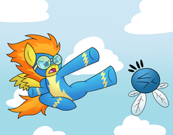 Size: 900x707 | Tagged: safe, artist:php92, spitfire, parasprite, pegasus, pony, g4, clothes, duo, female, flying kick, goggles, kick, uniform, wonderbolts uniform