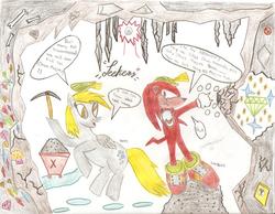 Size: 918x712 | Tagged: safe, artist:milesderpy, derpy hooves, pegasus, pony, g4, bone, crossover, destiny manifesto, female, gem, knuckles the echidna, male, mare, mine, minecart, pickaxe, sonic the hedgehog (series), traditional art
