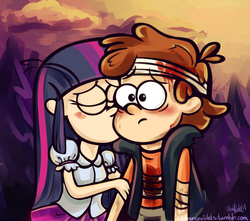 Size: 1265x1119 | Tagged: dead source, safe, artist:cherryviolets, twilight sparkle, equestria girls, g4, blood, boyfriend and girlfriend, comforting, crossover, crossover shipping, diplight, dipper pines, female, gravity falls, having a moment, humanized, kissing, male, public display of affection, shipping, straight, style emulation