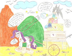 Size: 645x499 | Tagged: safe, artist:milesderpy, rarity, g4, bridle, cart, cloud, cloudy, crossover, desert, destiny manifesto, dirty, driving, male, mud, raribuse, silver the hedgehog, sonic the hedgehog, sonic the hedgehog (series), traditional art