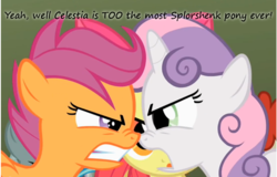 Size: 885x568 | Tagged: safe, edit, edited screencap, screencap, apple bloom, princess celestia, scootaloo, sweetie belle, g4, the return of harmony, angry, argument, insane pony thread, scrunchy face, tumblr