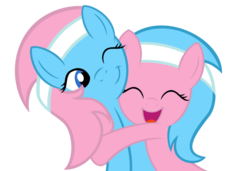 Size: 1081x739 | Tagged: dead source, safe, artist:datnaro, aloe, lotus blossom, earth pony, pony, g4, duo, eyes closed, female, hug, mare, one eye closed, open mouth, open smile, simple background, smiling, spa twins, transparent background, vector