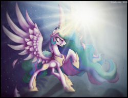 Size: 2036x1572 | Tagged: safe, artist:grinu, princess celestia, alicorn, pony, g4, angry, badass, female, fight, magic, no more ponies at source, solo, spread wings