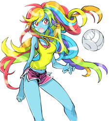 Size: 824x906 | Tagged: safe, artist:memoneo, rainbow dash, human, g4, balloon, belly button, female, humanized, long hair, midriff, pixiv, pony coloring, solo, volleyball