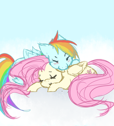 Size: 900x1000 | Tagged: safe, artist:yuripaws, fluttershy, rainbow dash, g4, cloud, female, lesbian, ship:flutterdash, shipping, sleeping, sleeping together