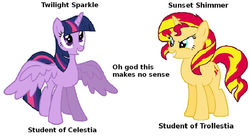 Size: 1051x575 | Tagged: safe, princess celestia, sunset shimmer, twilight sparkle, pony, unicorn, g4, simple background, text, trollestia, twilight sparkle (alicorn), vector, wat, white background, wtf