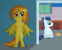 Size: 4033x3264 | Tagged: safe, artist:php92, soarin', spitfire, pegasus, pony, g4, door, duo, duo male and female, female, food, male, mare, messy mane, pie, sitting, sneaking, stallion, that pony sure does love pies