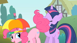 Size: 1280x720 | Tagged: safe, screencap, pinkie pie, twilight sparkle, feeling pinkie keen, g4, hat, nose wrinkle, tail, tail on face, umbrella hat