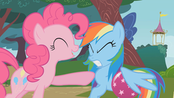 Size: 640x360 | Tagged: safe, screencap, pinkie pie, rainbow dash, dragonshy, g4, animation error, ball, poking