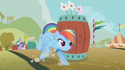 Size: 640x360 | Tagged: safe, screencap, applejack, rainbow dash, spike, twilight sparkle, fall weather friends, g4, animation error, barrel, freckles, running, wing is on neck