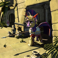 Size: 1000x1000 | Tagged: safe, artist:lordgood, twilight sparkle, g4, ancient ruins, armor, carthage, female, solo, spear, weapon