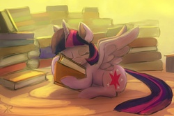 Size: 1200x805 | Tagged: safe, artist:grissaecrim, twilight sparkle, alicorn, pony, g4, backlighting, bibliophile, book, cargo ship, female, hug, mare, pile, ship:twibook, shipping, sitting, solo, that pony sure does love books, twilight sparkle (alicorn)