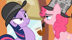 Size: 500x281 | Tagged: safe, screencap, pinkie pie, twilight sparkle, earth pony, pony, unicorn, g4, mmmystery on the friendship express, bowler hat, bubble pipe, deerstalker, detective, duo, female, hat, mare, scrunchy face, sherlock pie