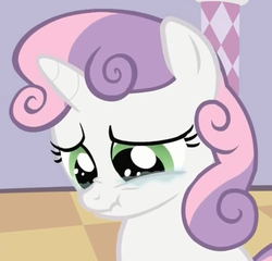 Size: 655x630 | Tagged: safe, screencap, sweetie belle, pony, unicorn, g4, season 2, sisterhooves social, cropped, crying, female, filly, green eyes, looking down, nose wrinkle, pink hair, pink mane, purple hair, purple mane, sad, scrunchy face, solo, two toned hair, two toned mane, white coat, white fur, white pony, zoom in