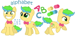 Size: 2564x1254 | Tagged: safe, artist:ivyhaze, oc, oc only, earth pony, pony, bowtie, filly, reference sheet, simple background, smiling, transparent background, vector