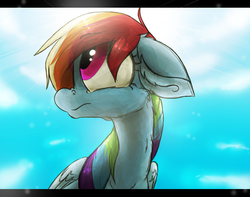 Size: 1040x820 | Tagged: safe, artist:the--cloudsmasher, rainbow dash, g4, cloud, cloudy, female, floppy ears, fluffy, frown, lens flare, looking up, sky, solo, sun