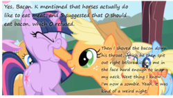 Size: 1036x589 | Tagged: safe, edit, edited screencap, screencap, applejack, twilight sparkle, zombie, friendship is magic, g4, bacon, faic, feederjack, force feeding, insane pony thread, neck snap, tumblr