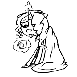 Size: 700x700 | Tagged: safe, artist:lowkey, oc, oc only, oc:renne crux, pony, unicorn, blanket, cup, drink, lineart, magic, monochrome, mug, renne quest, sick, solo, telekinesis, tongue out