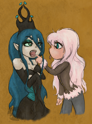 Size: 1195x1613 | Tagged: safe, artist:phantasmicdream, queen chrysalis, oc, oc:fluffle puff, g4, arm warmers, clothes, crown, dress, elf ears, eyeshadow, fangs, humanized, jewelry, long sleeves, looking at each other, makeup, open mouth, regalia, shirt, tongue out