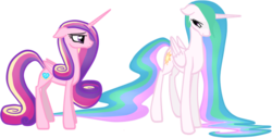 Size: 582x296 | Tagged: safe, artist:russiankolz, princess cadance, princess celestia, alicorn, pony, g4, duo, duo female, female, mare, missing accessory, simple background, transparent background, youngest immortal