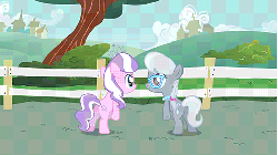 Size: 480x270 | Tagged: safe, screencap, babs seed, diamond tiara, silver spoon, earth pony, pony, call of the cutie, g4, one bad apple, season 1, season 3, animated, bump bump sugar lump rump, butt, butt to butt, butt touch, compilation, covering, female, fence, filly, gif, glasses, plot, tail, tail covering