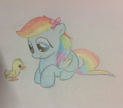 Size: 953x838 | Tagged: safe, artist:bristlestream, oc, oc only, oc:skittles, duck, duckling, magical lesbian spawn, offspring, parent:fluttershy, parent:rainbow dash, parents:flutterdash, solo, traditional art