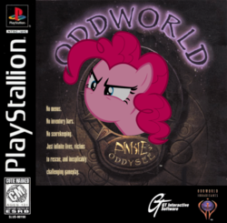 Size: 900x881 | Tagged: safe, artist:nickyv917, pinkie pie, earth pony, pony, g4, crossover, esrb, game cover, mouthless, oddworld, parody, playstation, playstation 1, t rating, video game