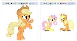 Size: 536x289 | Tagged: safe, applejack, fluttershy, g4, exploitable meme, juxtaposition, juxtaposition win, meme