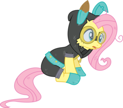 Size: 4928x4332 | Tagged: safe, artist:lightningbolt, fluttershy, pegasus, pony, g4, absurd resolution, bunny ears, clothes, dangerous mission outfit, female, hoodie, show accurate, simple background, solo, transparent background, wings