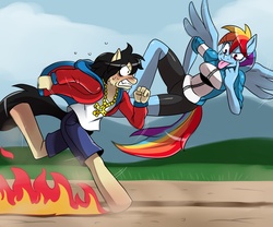 Size: 1365x1135 | Tagged: safe, artist:ss2sonic, rainbow dash, oc, anthro, unguligrade anthro, g4, akanbe, anatomically incorrect, breasts, busty rainbow dash, clothes, compression shorts, female, fire, flying, incorrect leg anatomy, race, racing, teasing, tongue out