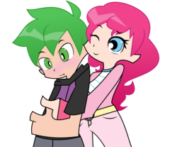 Size: 1024x846 | Tagged: dead source, safe, artist:bubblestormx, pinkie pie, spike, human, g4, crossover, female, hug, humanized, male, panty and stocking with garterbelt, ship:pinkiespike, shipping, spikelove, straight, style emulation